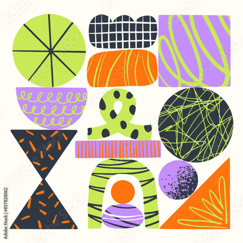 Retro colorful geometric pattern background, vector abstract circle, triangle and square lines art. Hand drawing lines. Trendy bauhaus pattern background pop-art