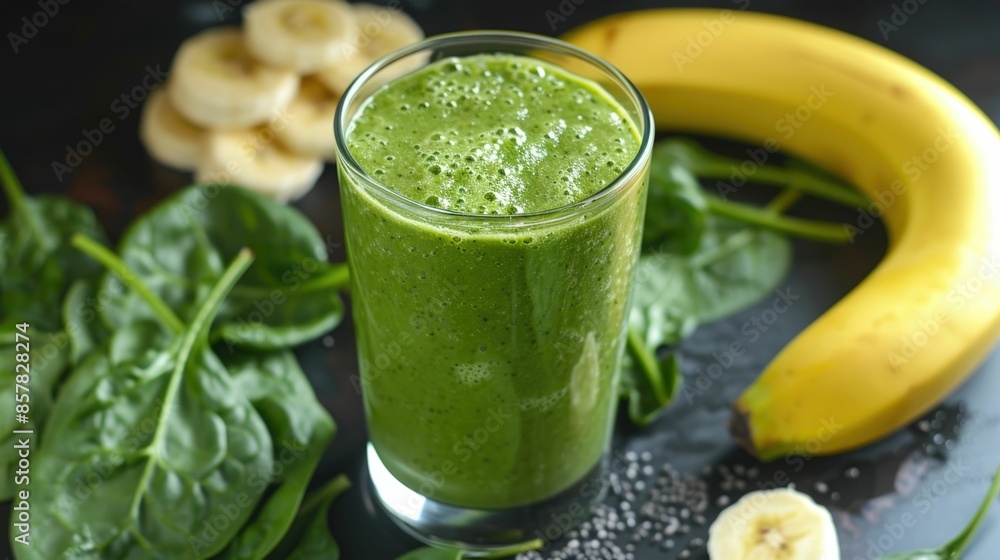 Refreshing and Nutrient Dense Green Smoothie Blended with Wholesome Ingredients like Fresh Spinach Ripe Banana and Protein Rich Powder for a Healthy and Energizing Beverage Refreshing and Nutrient Dense Green Smoothie Blended with Wholesome Ingredients like Fresh Spinach Ripe Banana and Protein Rich Powder for a Healthy and Energizing Beverage