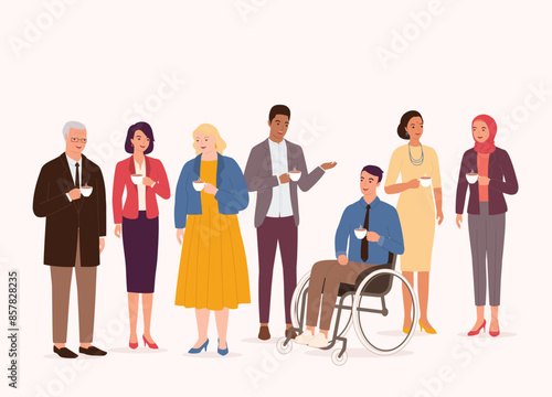 Diverse Group Of Business People With Different Age, Body Size, Racial And Gender, Mingling And Having Coffee At A Business Event. Full Length.