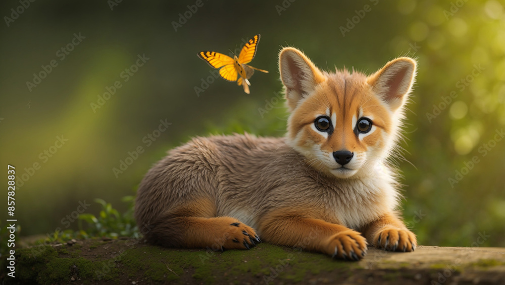 A baby fox is lying on a rock A baby fox is lying on a rock