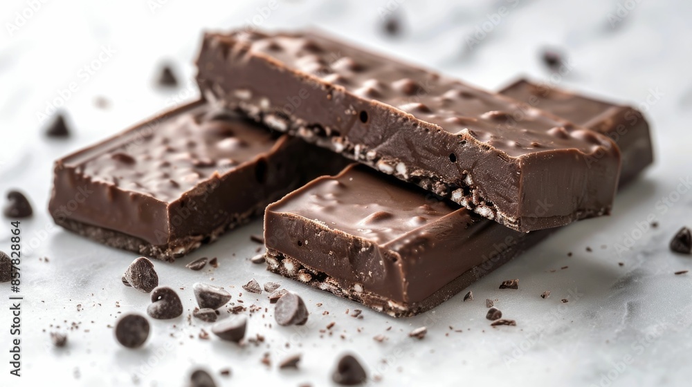 Closeup shot of a broken chocolate protein bar revealing its layered texture and rich indulgent interior This high protein snack provides a tasty and nutritious treat for fitness enthusiasts Closeup shot of a broken chocolate protein bar revealing its layered texture and rich indulgent interior This high protein snack provides a tasty and nutritious treat for fitness enthusiasts