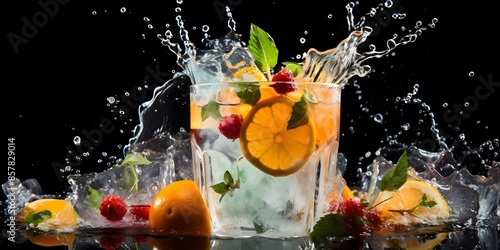 Refreshing Drink Water, Fruits, Mint, and Ice Cubes Splashing. Concept Summer Beverages, Hydration Inspiration, Healthy Refreshments