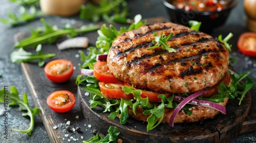 Closeup of a juicy grilled turkey burger patty served on a bun with a fresh green salad on a rustic wooden table  The healthy balanced meal is prepared and presented in a natural appetizing way