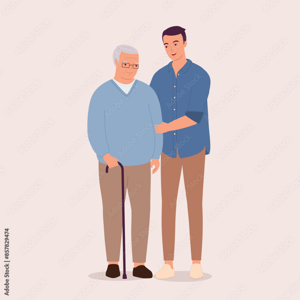 Smiling Adult Man Holding Arm Of A Senior Man With Walking Cane. Full Length. Smiling Adult Man Holding Arm Of A Senior Man With Walking Cane. Full Length.