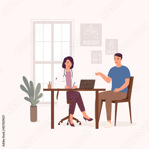 Smiling Female Doctor Or General Practitioner Having A Clinical Consultation While Writing Notes For A Young Man Patient At Her Office.