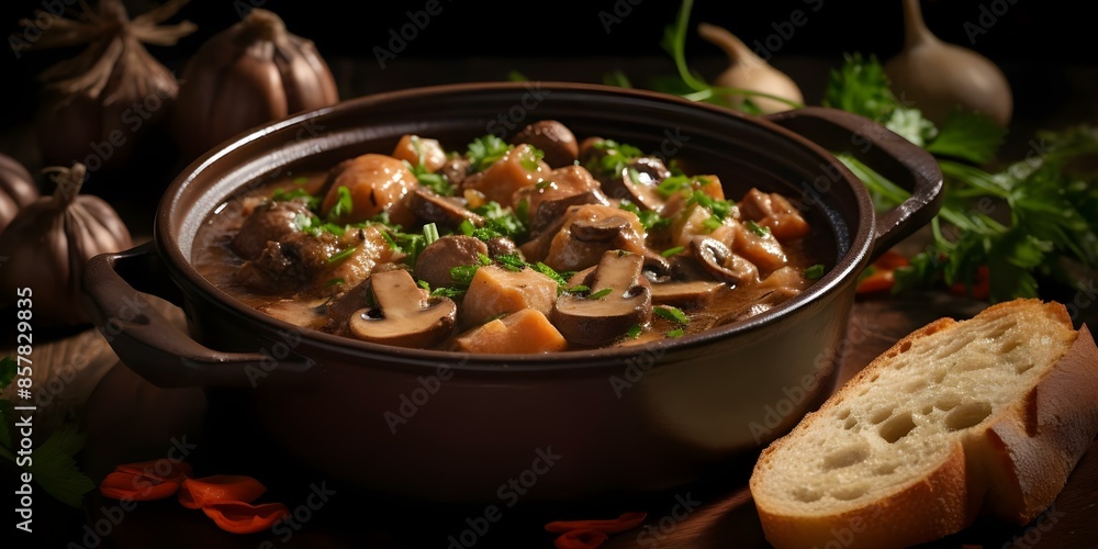 A Culinary Delight French Veal Stew in Velvety Sauce at a Charming Bistro. Concept French Cuisine, Veal Stew, Velvety Sauce, Culinary Delight, Charming Bistro A Culinary Delight French Veal Stew in Velvety Sauce at a Charming Bistro. Concept French Cuisine, Veal Stew, Velvety Sauce, Culinary Delight, Charming Bistro