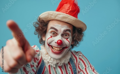 Happy Clown Wearing Striped Shirt and Hat Against Blue Background