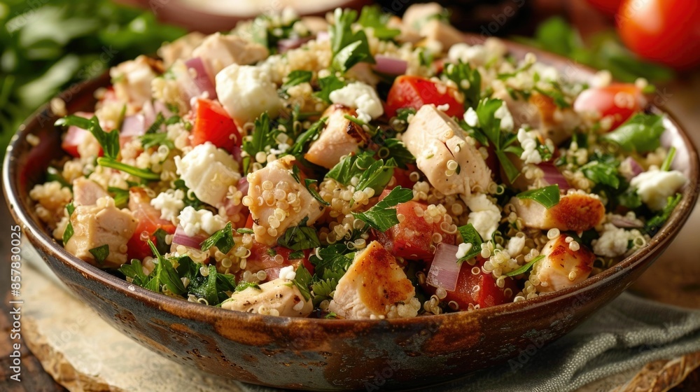 Delectable Quinoa Salad with Diced Chicken Fresh Tomatoes and Crumbled Feta Cheese A Healthy Nutritious and Flavorful Mediterranean Inspired Dish Delectable Quinoa Salad with Diced Chicken Fresh Tomatoes and Crumbled Feta Cheese A Healthy Nutritious and Flavorful Mediterranean Inspired Dish