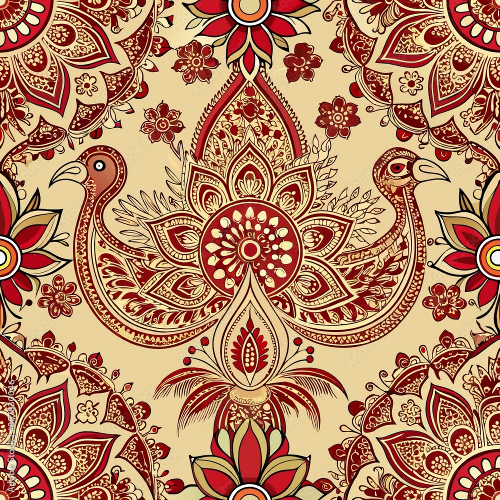 Seamless pattern of ornate mehndi (henna) designs, including intricate paisleys, flowers, and peacocks, Generative AI Seamless pattern of ornate mehndi (henna) designs, including intricate paisleys, flowers, and peacocks, Generative AI