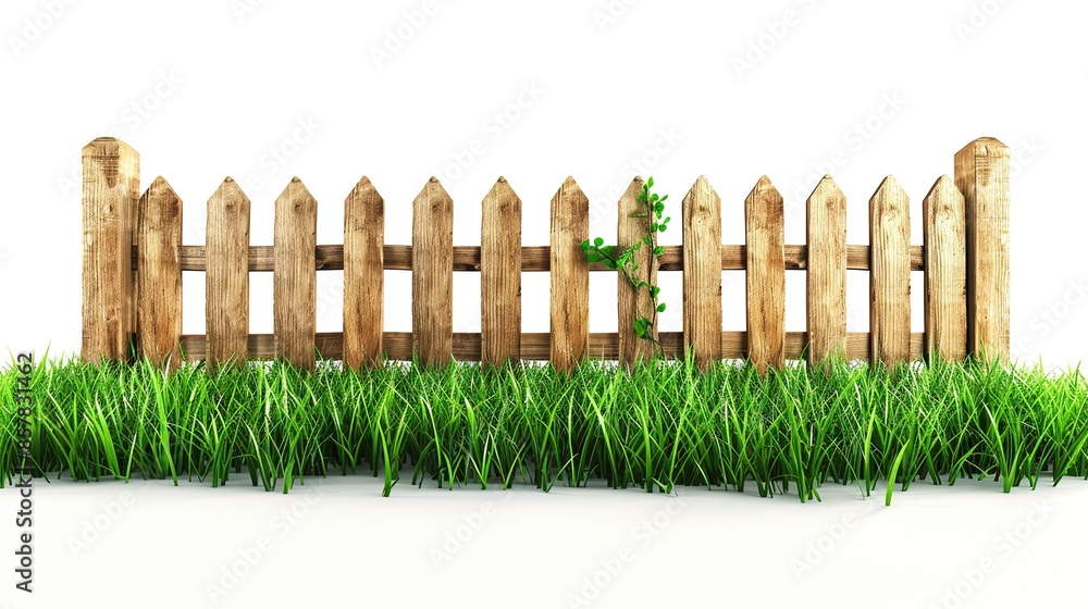 Obraz premium Old wooden fence and lush green grass isolated on background