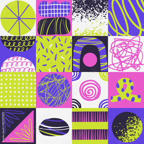 Retro colorful geometric pattern background, vector abstract circle, triangle and square lines art. Hand drawing lines. Trendy bauhaus pattern background pop-art