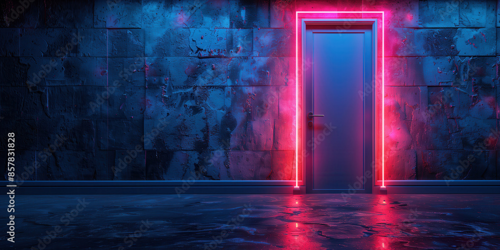 A neon glowing door frame on dark navy background A neon glowing door frame on dark navy background