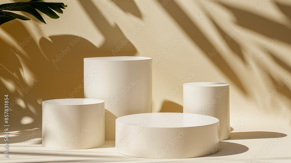 Minimalist abstract nature scene with white podiums on a beige backdrop, accented by shadows of tree leaves. Minimalist abstract nature scene with white podiums on a beige backdrop, accented by shadows of tree leaves.