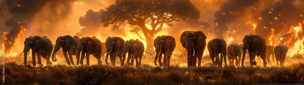Fototapeta premium A herd of elephants in the savannah, a burning tree behind them, cinematic, in the style of a movie poster, epic, in the style of fantasy.