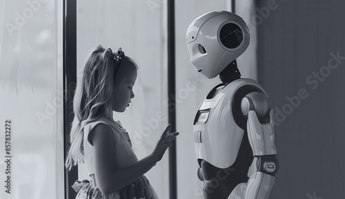 Cute little girl stands next to friendly robot. Concept of future technology in which AI will become part of everyday life. Selectiv focus. Monochrome photo. Generative AI photo