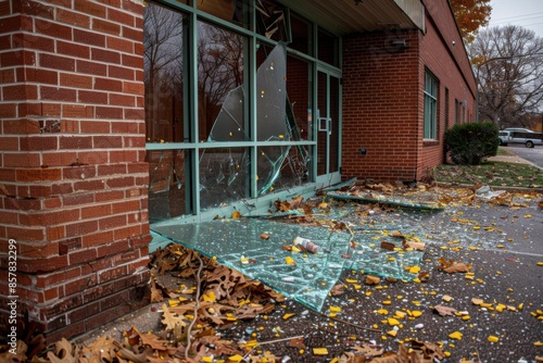 Broken glass and scattered debris outside a brick building, suggesting an incident or vandalism has occurred.