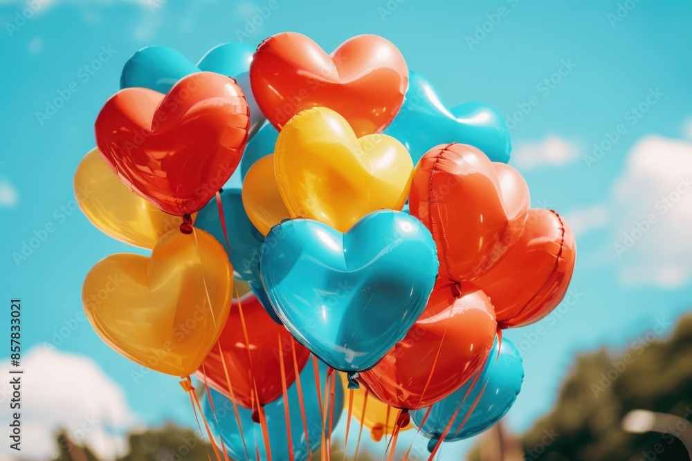 A bunch of balloons with hearts on them are floating in the sky. The balloons are in various colors, including red, yellow, and blue. Concept of joy and celebration A bunch of balloons with hearts on them are floating in the sky. The balloons are in various colors, including red, yellow, and blue. Concept of joy and celebration