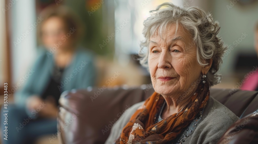 Portrait of a senior woman with curly grey hair sitting on a couch in a group therapy session for dementia patients Portrait of a senior woman with curly grey hair sitting on a couch in a group therapy session for dementia patients
