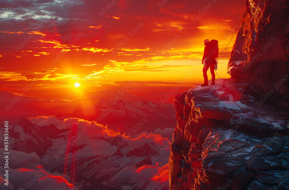 Fototapeta premium A man stands on a mountain top with a sunset in the background. The sky is orange and the sun is setting. The man is wearing a backpack and he is a climber