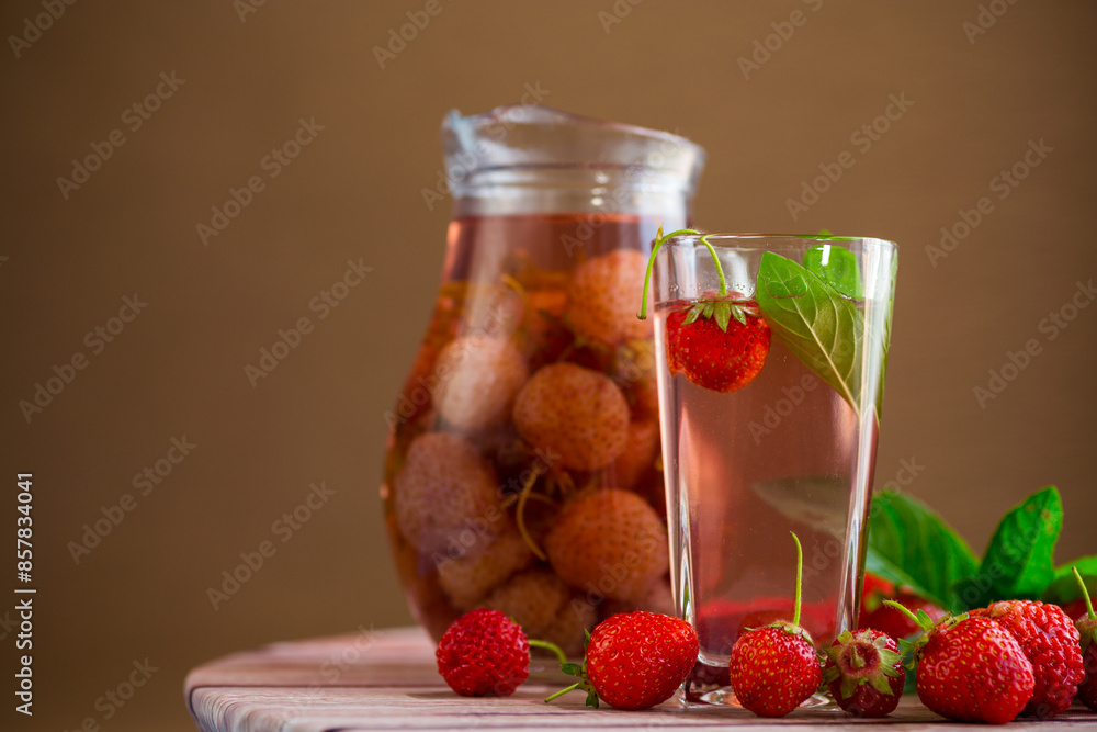 Sweet refreshing berry compote of ripe strawberries in a decanter