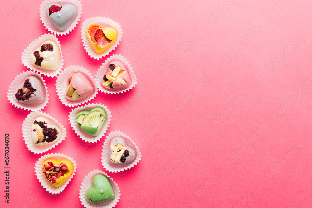 chocolate sweets in the form of a heart with fruits and nuts on a colored background. top view with space for text, holiday concept chocolate sweets in the form of a heart with fruits and nuts on a colored background. top view with space for text, holiday concept