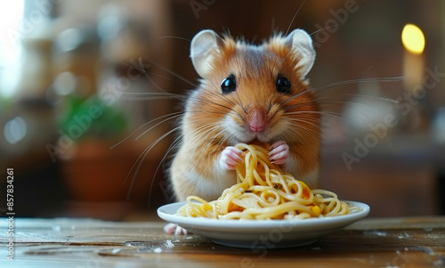 A hamster is eating spaghetti on a plate. The hamster is small and cute, and the spaghetti is long and thin. The scene is playful and lighthearted photo