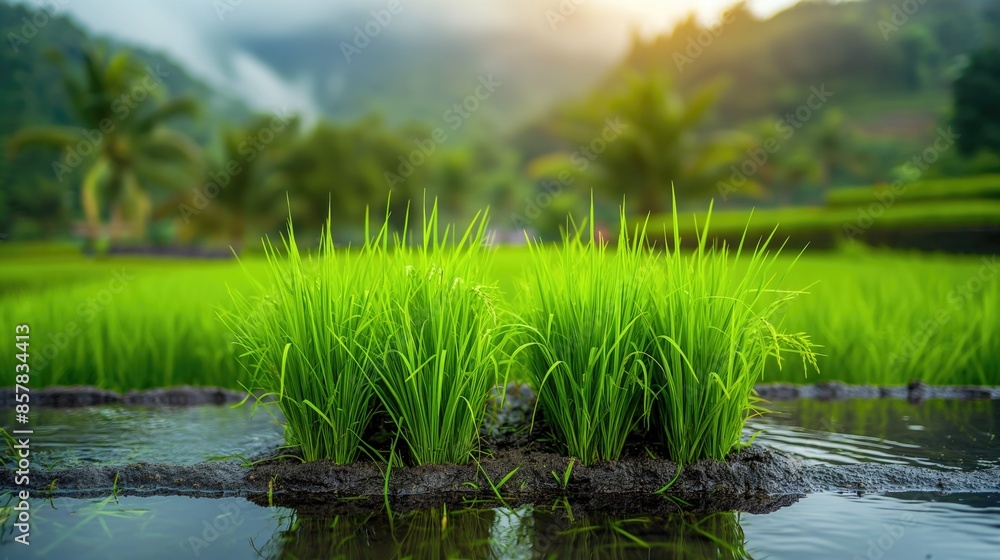 Lush Green Rice Paddies in a Tranquil Mountain Valley at Sunrise. Lush Green Rice Paddies in a Tranquil Mountain Valley at Sunrise.