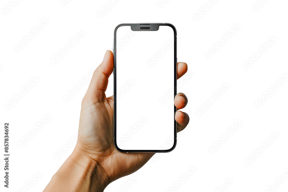 Hand holding modern smartphone with isolated on transparency background, PNG cut out, perfect for showcasing apps, websites, or promotional content. Hand holding modern smartphone with isolated on transparency background, PNG cut out, perfect for showcasing apps, websites, or promotional content.