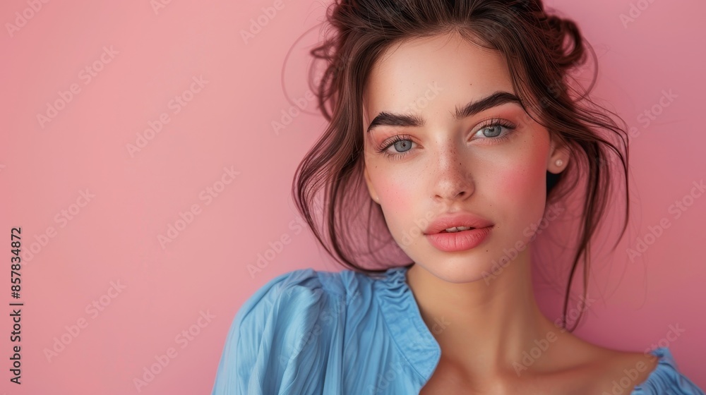 Serene Woman in Blue Jumpsuit Gazing Thoughtfully on Pastel Pink Background Serene Woman in Blue Jumpsuit Gazing Thoughtfully on Pastel Pink Background