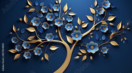 Elegant gold and royal blue floral tree with seamless