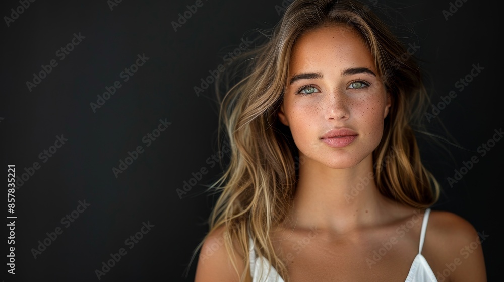 Confident Woman in White Jumpsuit - Close-up Portrait on Black Background Confident Woman in White Jumpsuit - Close-up Portrait on Black Background