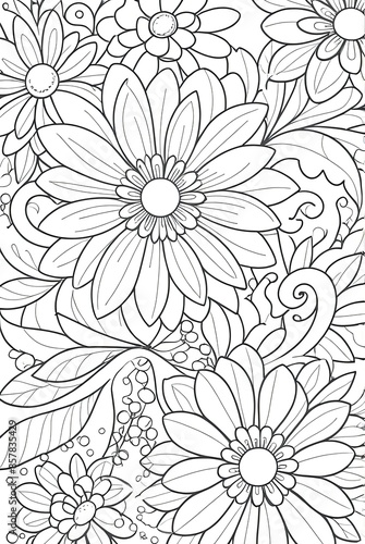 Flower bunch wall, flowersbloom Kids/adults coloring page book, line art illustration photo