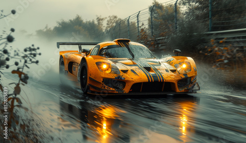 A yellow sports car is driving down a wet road. The car is surrounded by trees and the sky is cloudy. Scene is one of excitement and adventure, as the car is speeding down the road in the rain