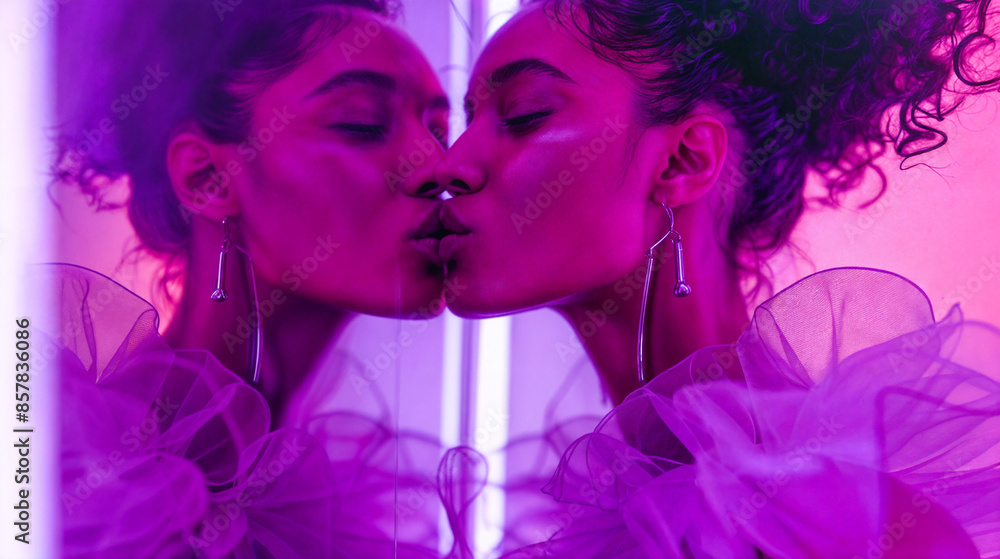 Fototapeta premium A young woman kisses her own reflection in the mirror. Sensitive image&nbsp;in fashion editorial style. Love for yourself