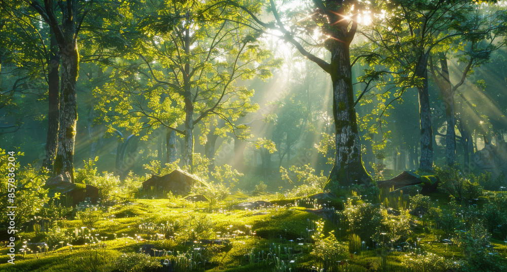 Obraz premium A forest with sunlight shining through the trees