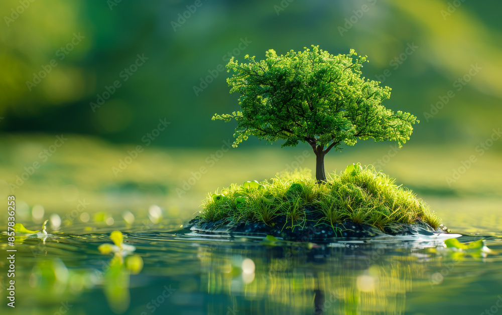 A small tree is growing on a small island in a pond. The pond is surrounded by grass and the tree is the only thing visible on the island. Concept of tranquility and peace A small tree is growing on a small island in a pond. The pond is surrounded by grass and the tree is the only thing visible on the island. Concept of tranquility and peace
