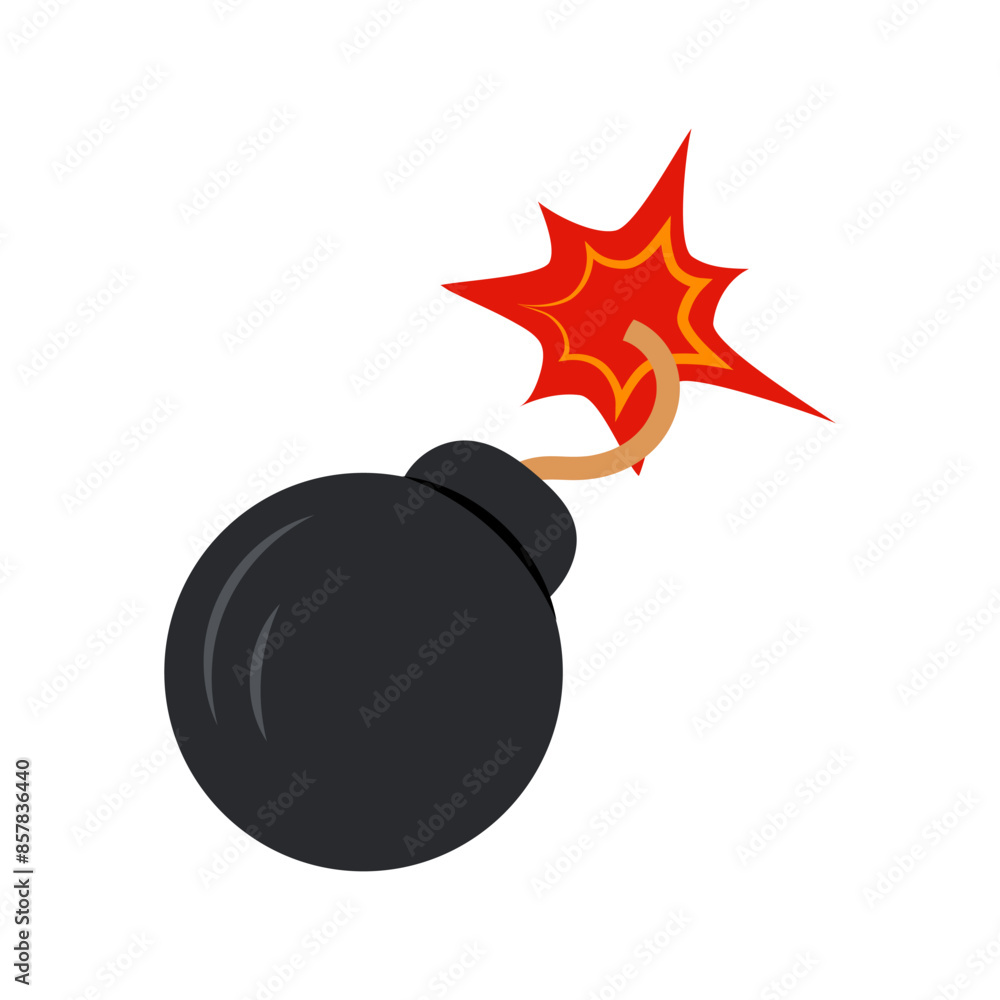 A black round bomb. Burning bomb in flat style. Cartoon bomb with burning fuse on white background. Bomb icon. A black round bomb. Burning bomb in flat style. Cartoon bomb with burning fuse on white background. Bomb icon.