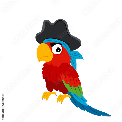 Parrot. Parrot pirate in flat style. Cartoon tropical bird. Red parrot with pirate hat. Kids cartoon character.