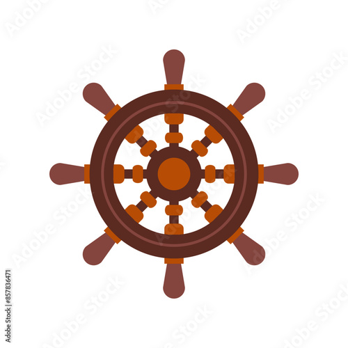 Wooden steering wheel in flat style. Old ship rudder icon on white background. Captain's bridge.