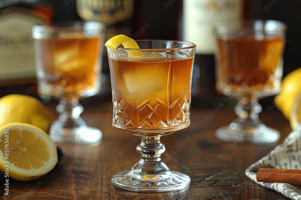 A classic sazerac cocktail in an absinthe-rinsed glass, with rye whiskey, sugar, and Peychaud's bitters, garnished with a lemon twist. A classic sazerac cocktail in an absinthe-rinsed glass, with rye whiskey, sugar, and Peychaud's bitters, garnished with a lemon twist.