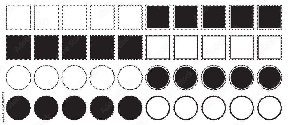 Set of square and circle frames with wavy or zigzag edges. Rectangular and round shapes with jagged borders isolated on transparent background.