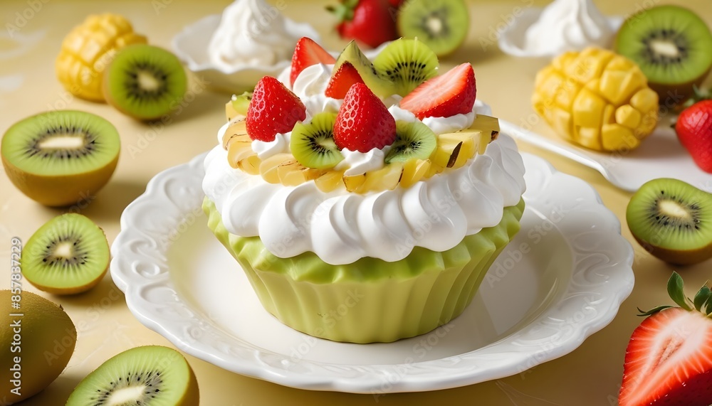 Fresh green cupcake with whipped cream and fruit served on a white plate Fresh green cupcake with whipped cream and fruit served on a white plate