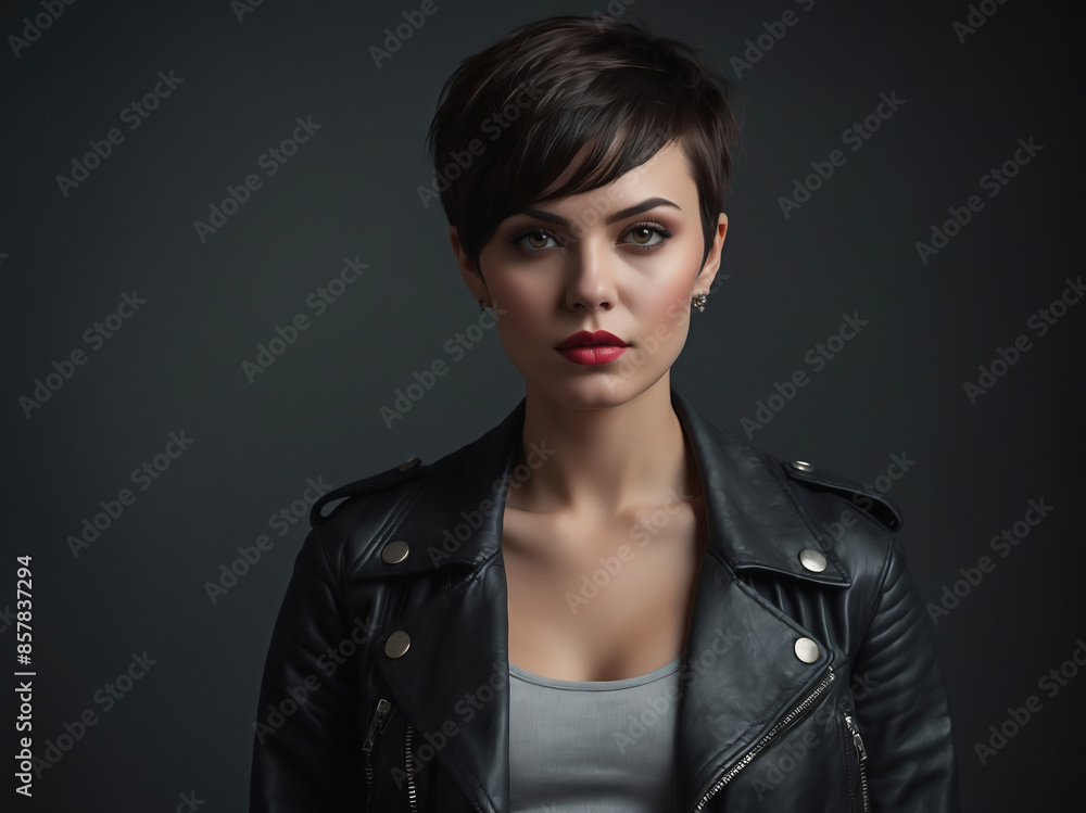 Portrait of a Confident Woman with Short Hair and Red Lips in Black Leather Jacket Portrait of a Confident Woman with Short Hair and Red Lips in Black Leather Jacket