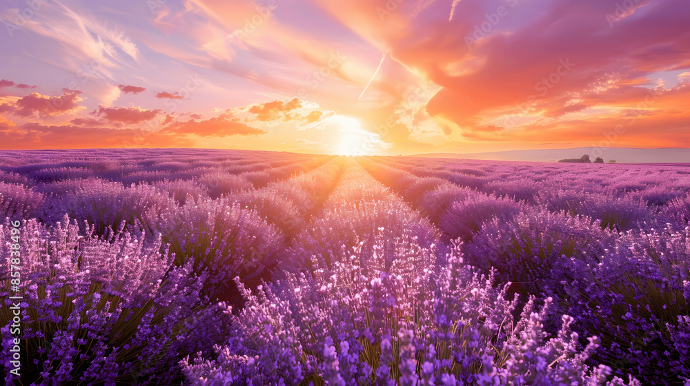 Lavender field in full bloom at sunset