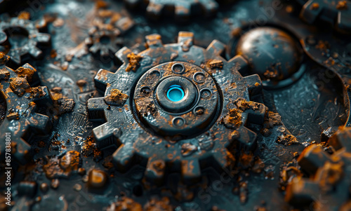 A close up of a dirty gear with a blue light in the middle. The gears are old and rusted, giving the image a vintage and industrial feel