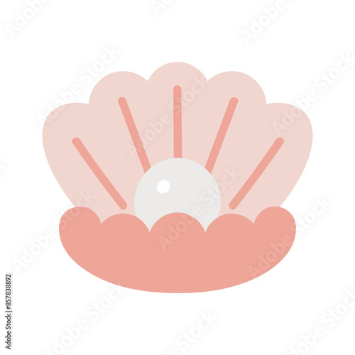 Opened seashell with pearl. Isolated cartoon flat illustration on white background. Marine design.	