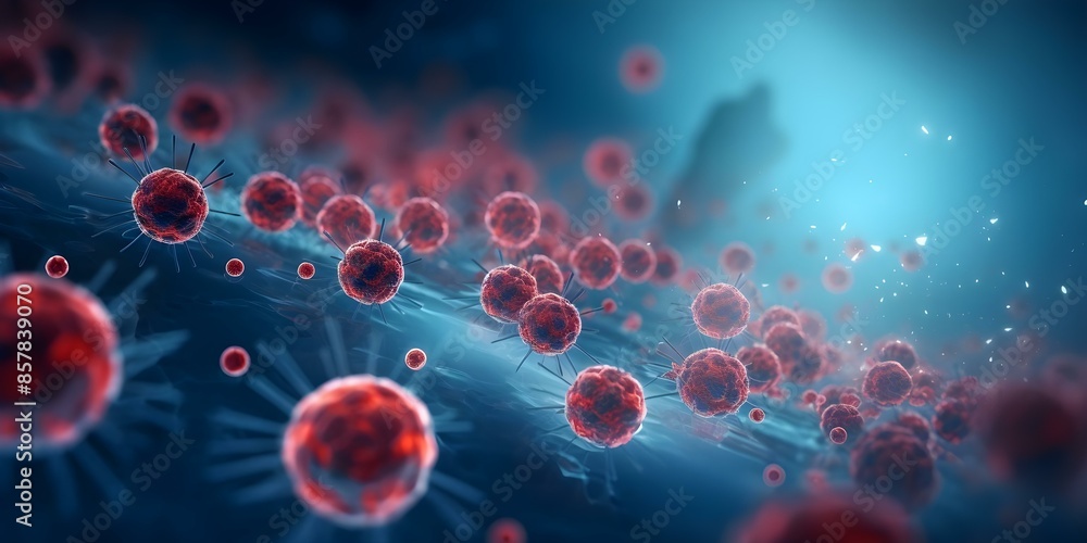 Microscopic view of red cancer cells multiplying uncontrollably showing tumor growth. Concept Medical Imaging, Cancer Research, Tumor Growth, Oncology, Cell Multiplication