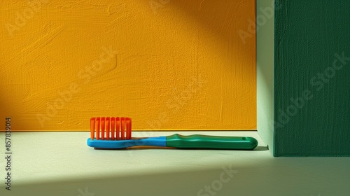  A blue toothbrush on a white background with red bristles at the top, in a minimalistic style, aesthetic, in a photo studio,