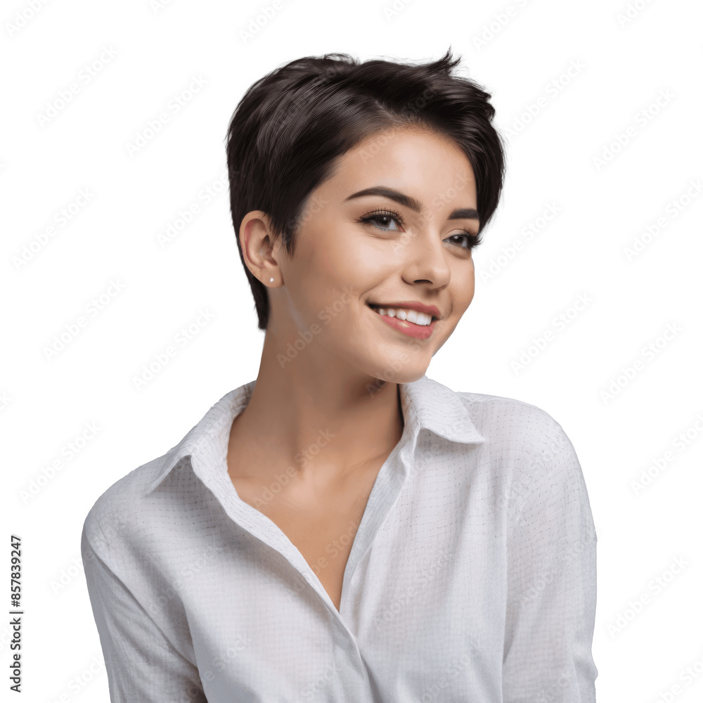 portrait of a smiling woman with short hair in shirt isolated on transparent background portrait of a smiling woman with short hair in shirt isolated on transparent background