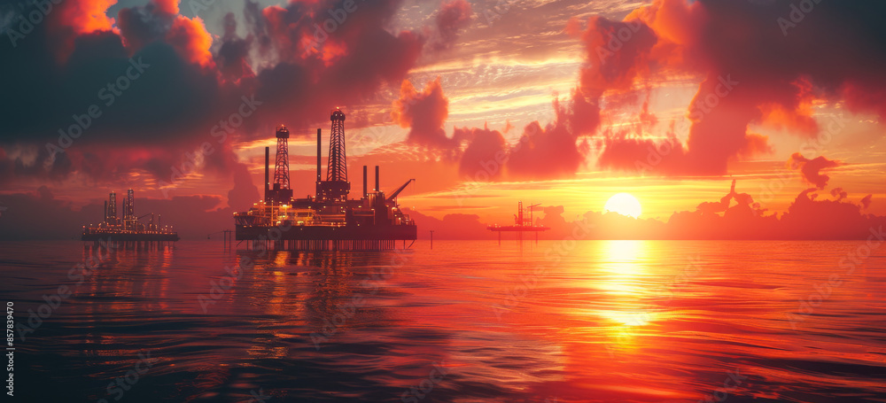 A sunset over the ocean with a large oil rig in the foreground. The sky is filled with clouds and the sun is setting A sunset over the ocean with a large oil rig in the foreground. The sky is filled with clouds and the sun is setting